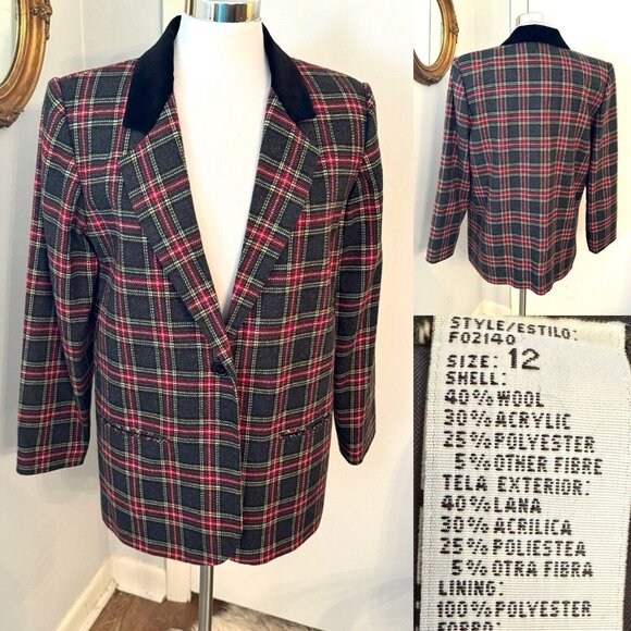 90s Plaid Blazer Jacket L 12 Wool Academia Preppy Velvet Tartan Old Money - Picture 10 of 12